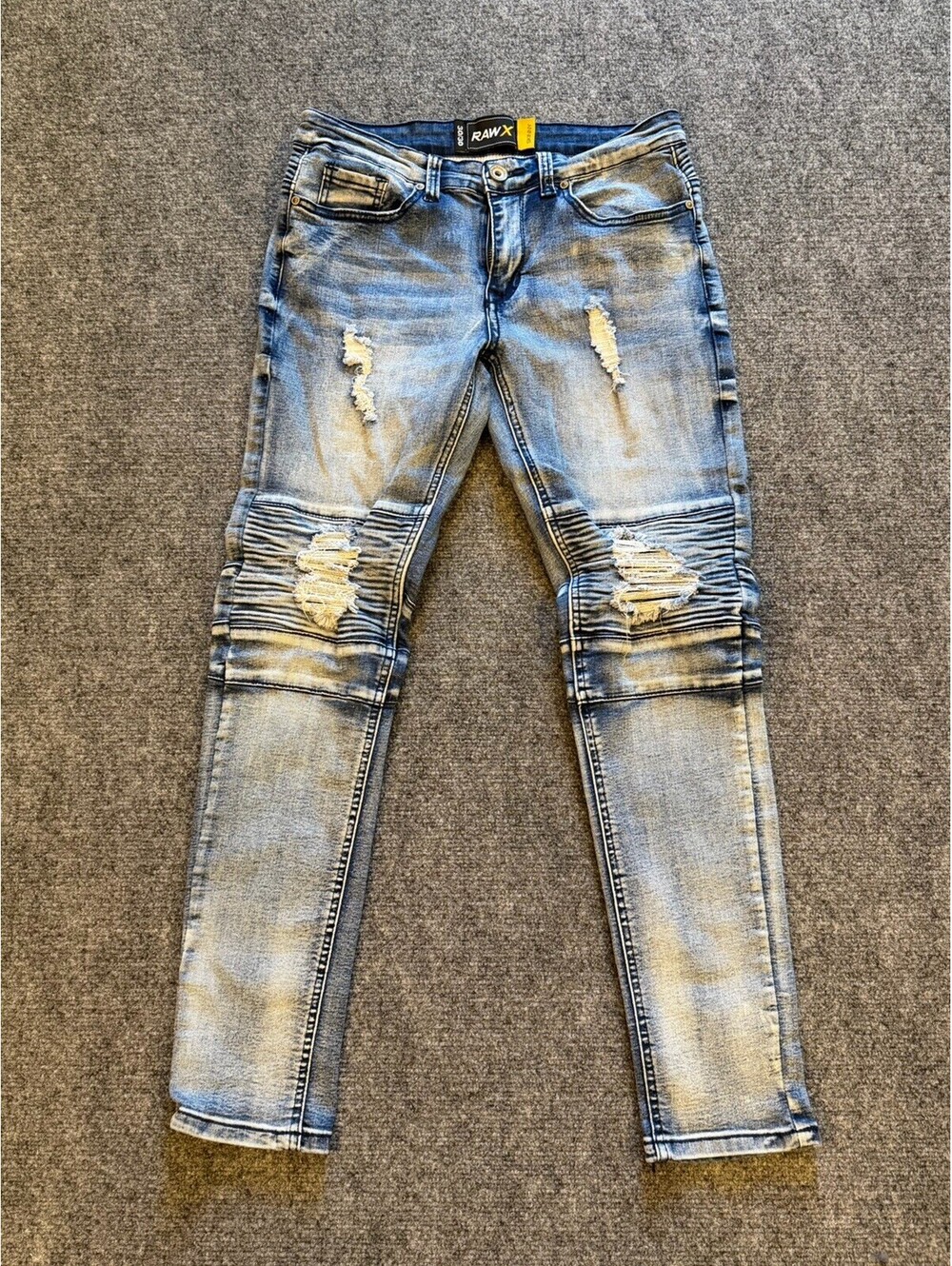 RAW X Men's Moto Biker Jeans 30x30 Slim Stretch Intentionally Distressed Blue